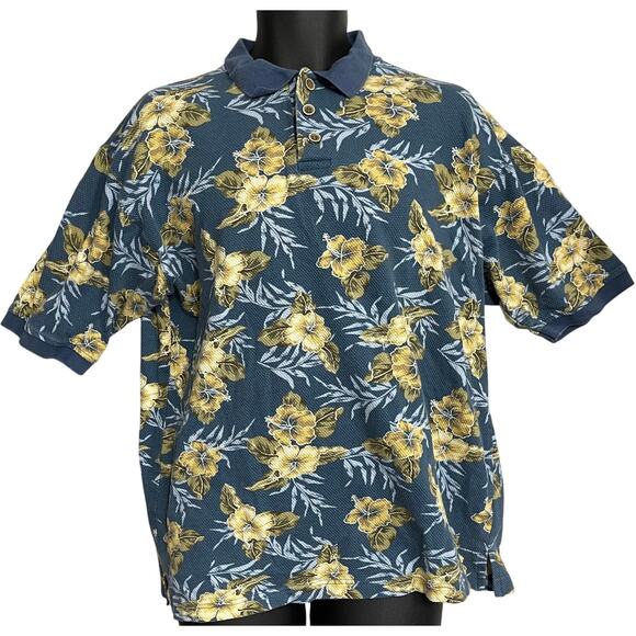 OP Ocean Pacific Polo Shirt Men Size L Blue Yellow Floral Tropical Short Sleeves - Picture 1 of 4